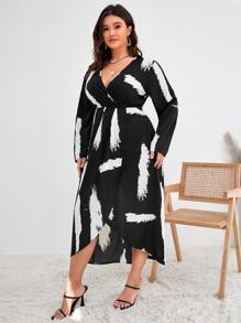 SHEIN Clasi Plus Brush Print Wrap Hem Dress - Black - View 5