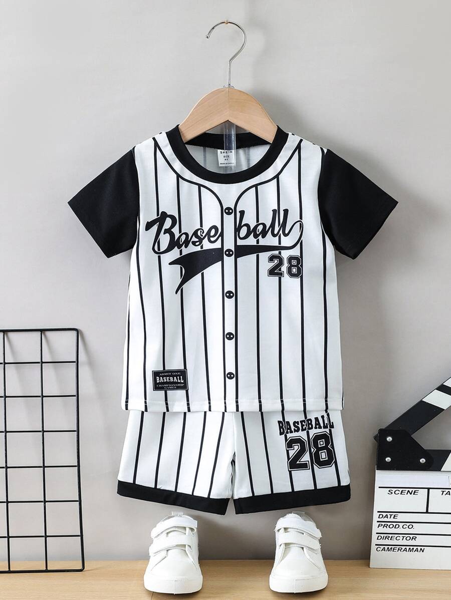 SHEIN Young Boy Striped & Letter Graphic Tee & Shorts