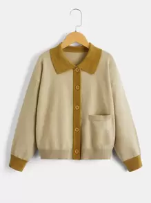 Boys Contrast Collar Drop Shoulder Cardigan - Khaki - View 1
