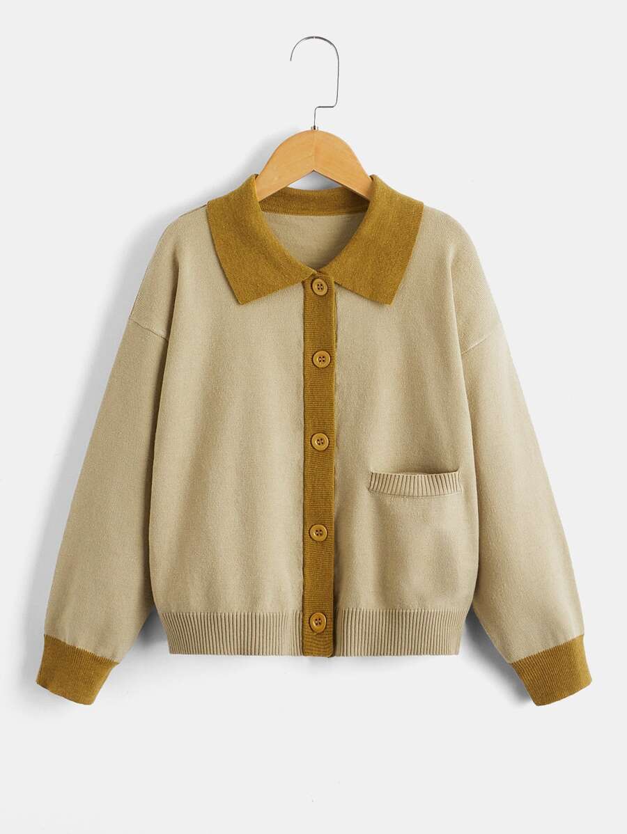 Boys Contrast Collar Drop Shoulder Cardigan - Khaki - View 1