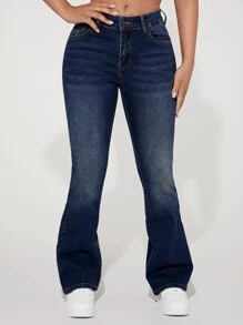 SHEIN PETITE Solid Bootcut Leg Jeans - Dark Wash - View 2