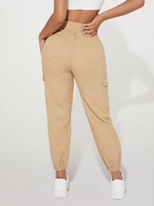 SHEIN PETITE Single Button Flap Pocket Cargo Jeans - Khaki - View 2