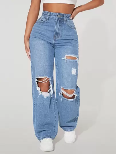 SHEIN PETITE High Waist Ripped Straight Leg Jeans