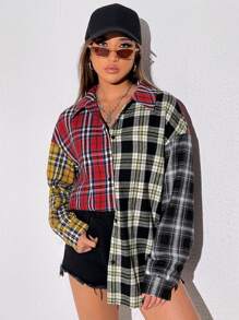 SHEIN EZwear Tartan Colorblock Drop Shoulder Shirt,Long Sleeve Tops
