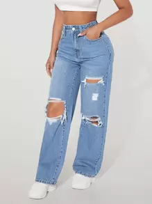 SHEIN PETITE 高腰破洞直筒牛仔褲 - 中等水洗藍 - 查看 4