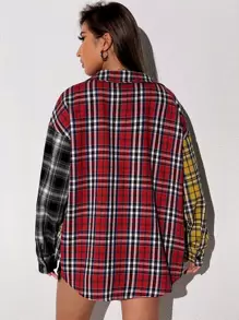 SHEIN EZwear Tartan Colorblock Drop Shoulder Shirt,Long Sleeve Tops