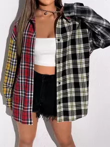 SHEIN EZwear Tartan Colorblock Drop Shoulder Shirt,Long Sleeve Tops