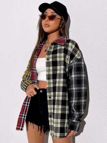SHEIN EZwear Tartan Colorblock Drop Shoulder Shirt,Long Sleeve Tops