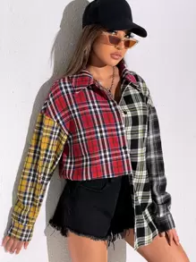 SHEIN EZwear Tartan Colorblock Drop Shoulder Shirt,Long Sleeve Tops