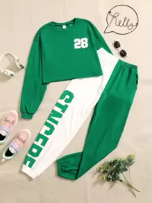 SHEIN 青少年女孩數字圖案運動衫和字母圖案雙色衛褲 - 彩色 - 查看 1