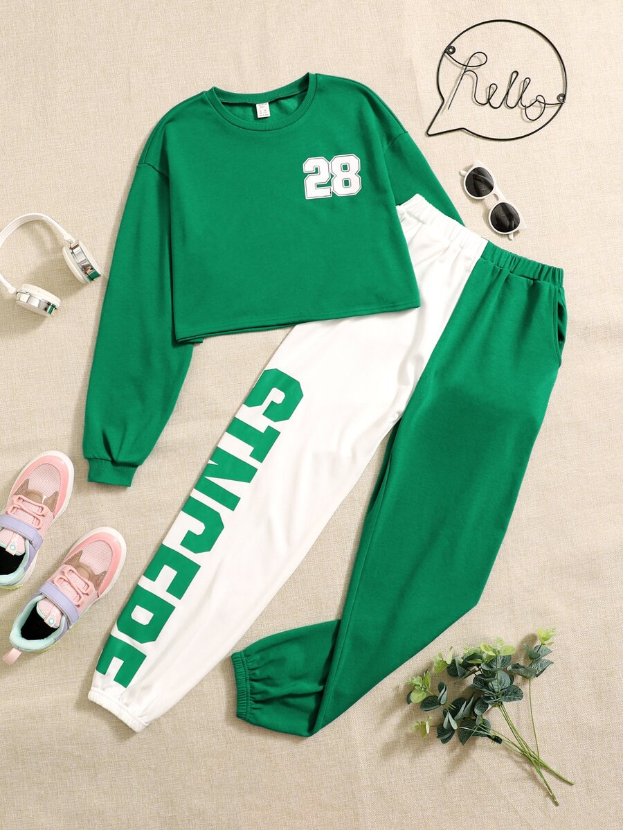 SHEIN Bộ hai mảnh Gái Khối Màu Lá thư Thể thao - Nhiều màu - Xem 1