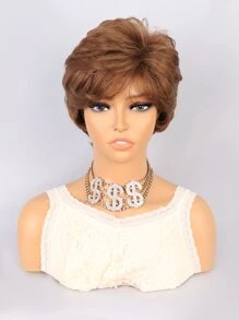 Short Curly Synthetic Wig With Bangs - Light Brown - View 3