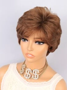 Short Curly Synthetic Wig With Bangs - Light Brown - View 4