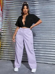SHEIN SXY Áo sơ mi Plus Size Túi xoắn lại màu trơn Gợi cảm - màu đen - Xem 4