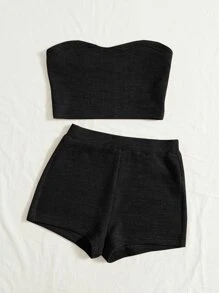 Soleia Conjunto de 2 piezas para mujeres de vacaciones, compuesto por top tubo acanalado negro y shorts tipo ciclista - Negro - Ver 3