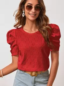 SHEIN Clasi Puff Sleeve Schiffy Tee - Red - View 1