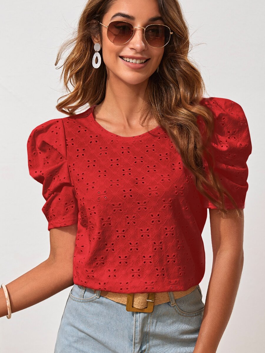 SHEIN Clasi Puff Sleeve Schiffy Tee - Red - View 1