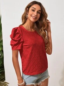 SHEIN Clasi Puff Sleeve Schiffy Tee - Red - View 5