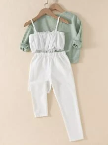 SHEIN 少女紐扣前上衣和镂空刺繡背心上衣、長褲 - 彩色 - 查看 2
