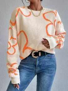 SHEIN Unity Floral Pattern Drop Shoulder Sweater Knit Pullover Fall Winter Outfit - Apricot - View 1