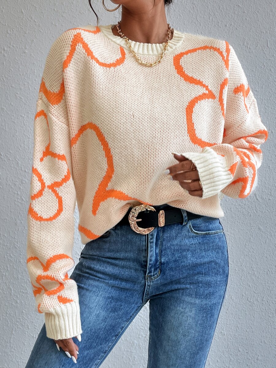 SHEIN Unity Floral Pattern Drop Shoulder Sweater Knit Pullover Fall Winter Outfit - Apricot - View 1