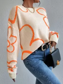 SHEIN Unity Floral Pattern Drop Shoulder Sweater Knit Pullover Fall Winter Outfit - Apricot - View 4