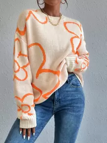 SHEIN Unity Floral Pattern Drop Shoulder Sweater Knit Pullover Fall Winter Outfit - Apricot - View 5