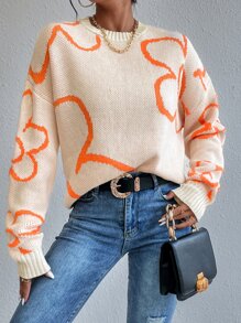 SHEIN Unity Floral Pattern Drop Shoulder Sweater Knit Pullover Fall Winter Outfit - Apricot - View 7