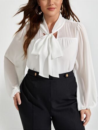 SHEIN Privé 大碼繫帶領燈籠袖雪紡襯衫