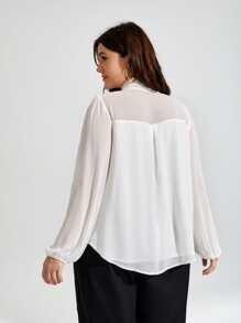 SHEIN Privé Plus Tie Neck Lantern Sleeve Chiffon Blouse - White - View 2