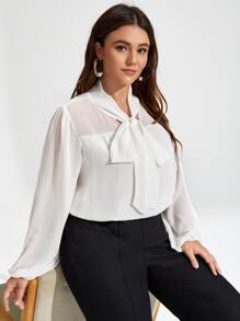 SHEIN Privé Plus Tie Neck Lantern Sleeve Chiffon Blouse - White - View 4