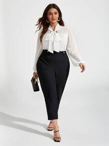 SHEIN Privé Plus Tie Neck Lantern Sleeve Chiffon Blouse - White - View 5