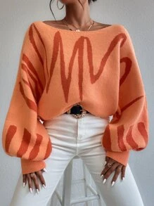 Chiquease Graphic Pattern Lantern Sleeve Jumper - Orange - View 3