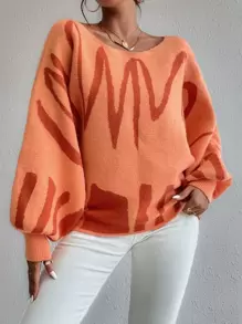 Chiquease Graphic Pattern Lantern Sleeve Jumper - Orange - View 5