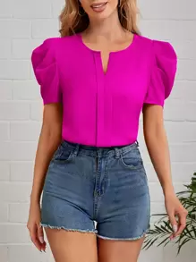 SHEIN Clasi Blusa de cuello con muesca, manga abullonada y costura delantera, top de manga corta