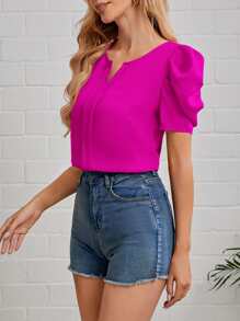 SHEIN Clasi Blusa de cuello con muesca, manga abullonada y costura delantera, top de manga corta