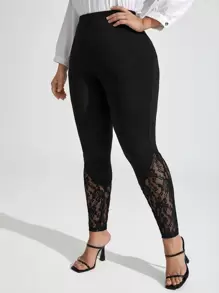 SHEIN Privé Plus Contrast Lace Elastic Waist Leggings