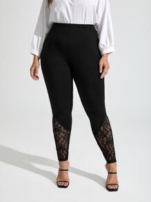 SHEIN Privé Plus Contrast Lace Elastic Waist Leggings