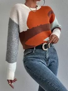 Chiquease Suéter de punto con bloqueo de color y hombros caídos para otoño e invierno - Multicolor - Ver 1