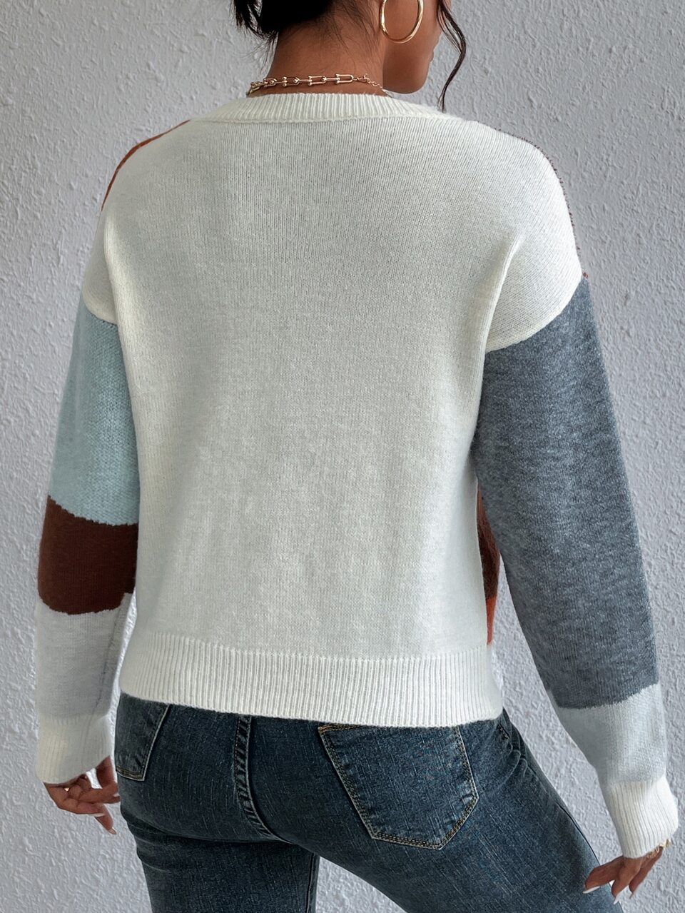 Colorblock Drop Shoulder Sweater Knit Pullover Fall Winter