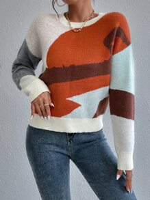 Chiquease Suéter de punto con bloqueo de color y hombros caídos para otoño e invierno - Multicolor - Ver 3