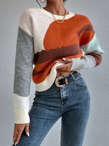 Chiquease Suéter de punto con bloqueo de color y hombros caídos para otoño e invierno - Multicolor - Ver 4