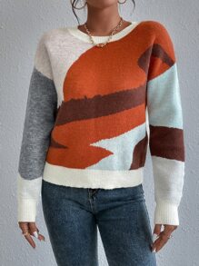 Chiquease Suéter de punto con bloqueo de color y hombros caídos para otoño e invierno - Multicolor - Ver 5