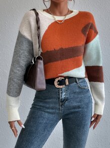 Chiquease Suéter de punto con bloqueo de color y hombros caídos para otoño e invierno - Multicolor - Ver 6