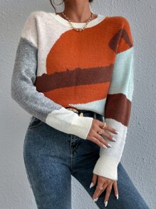 Chiquease Suéter de punto con bloqueo de color y hombros caídos para otoño e invierno - Multicolor - Ver 7