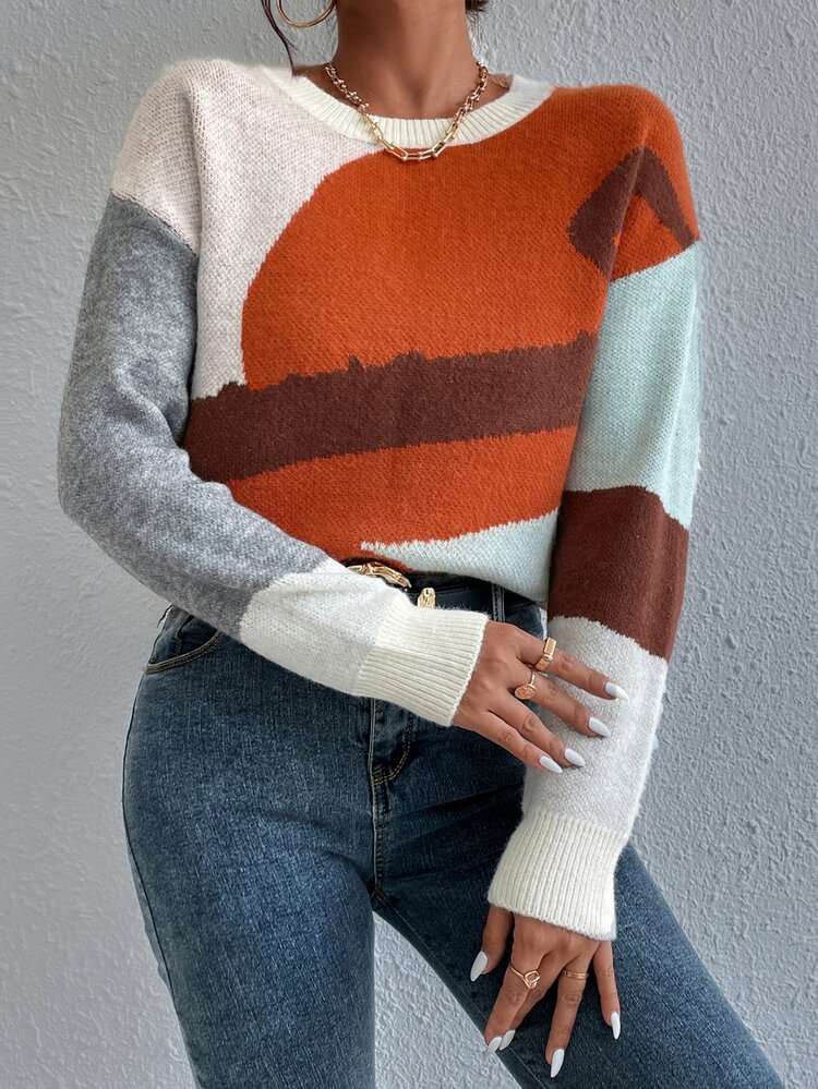 Colorblock Drop Shoulder Sweater Knit Pullover Fall Winter
