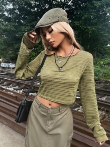 SHEIN ICON Grunge Solid Round Neck Top - Army Green - View 1
