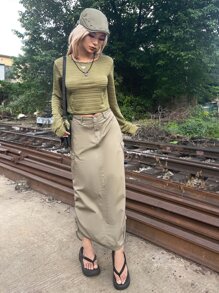 SHEIN ICON Grunge Solid Round Neck Top - Army Green - View 3