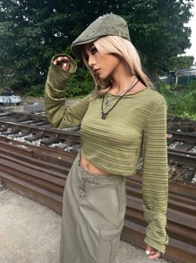 SHEIN ICON Grunge Solid Round Neck Top - Army Green - View 4