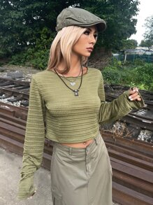 SHEIN ICON Grunge Solid Round Neck Top - Army Green - View 5